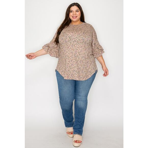 057 Curvy Lovey Flower Print Tunic Top With Double Ruffle Sleeves in Taupe - Picture 5 of 5